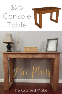 Come check out how to build this $25 console table with very little supplies needed. Free PDF plans included along with a step by step build with pictures.